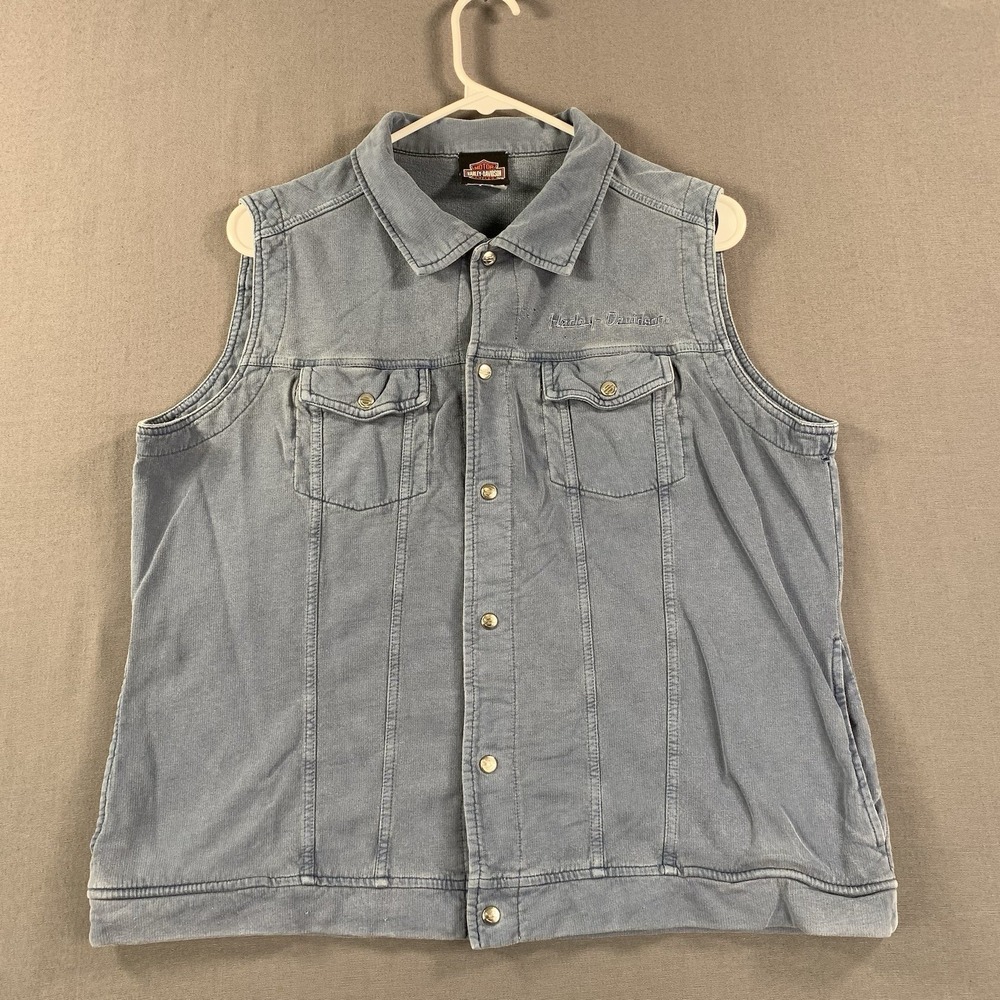 Harley Davidson Women L Sleeveless Blue Vest Metal Snap Soft Cotton Pockets HOLE